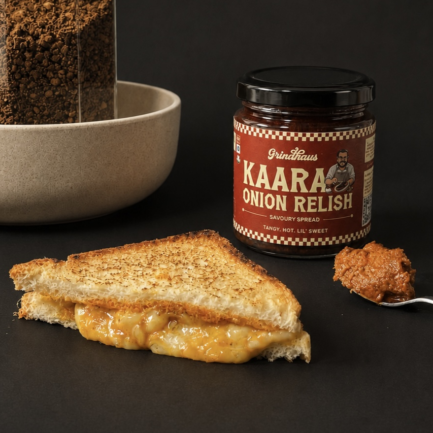 Kaara Onion Relish savoury spread on sourdough, stoneground and slow-cooked by Grindhaus. No preservatives, no palm oil.