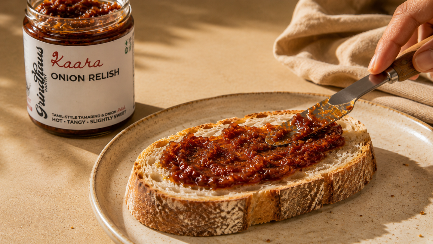Kaara Onion Relish savoury spread on sourdough, stoneground and slow-cooked by Grindhaus. No preservatives, no palm oil.
